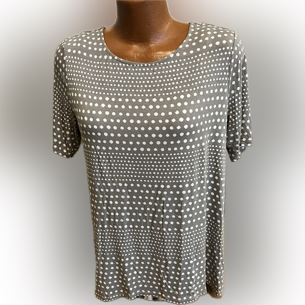Chico’s white polka dot taupe tunic tee top modal high low hem 2 / L 12/14